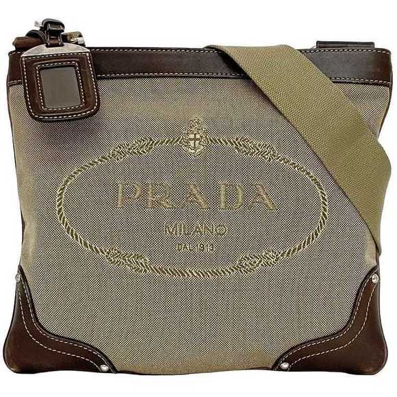 Prada Shoulder Beige Jacquard Crossbody Zipper Brown Bag Leather - Picture 1 of 9